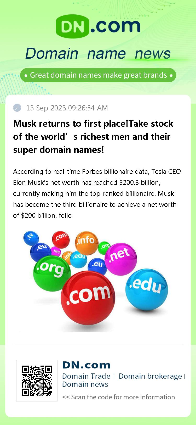 Musk returns to first place!Take stock of the world’s richest men and their super domain names!