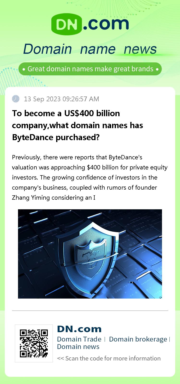 To become a US$400 billion company,what domain names has ByteDance purchased?