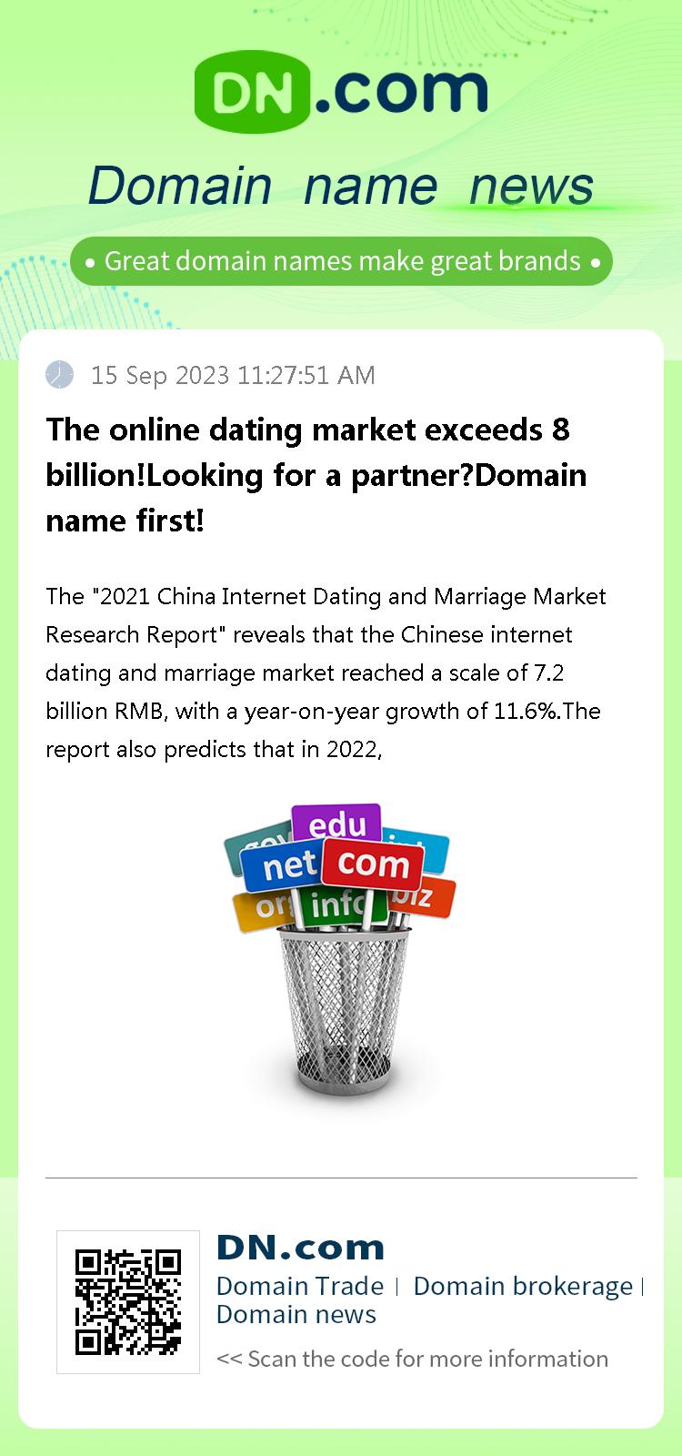 The online dating market exceeds 8 billion!Looking for a partner?Domain name first!