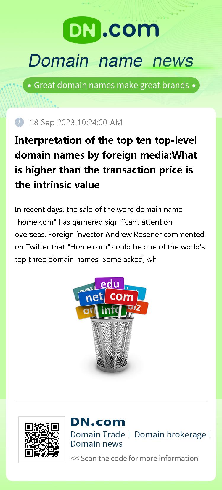 Interpretation of the top ten top-level domain names by foreign media:What is higher than the transaction price is the intrinsic value