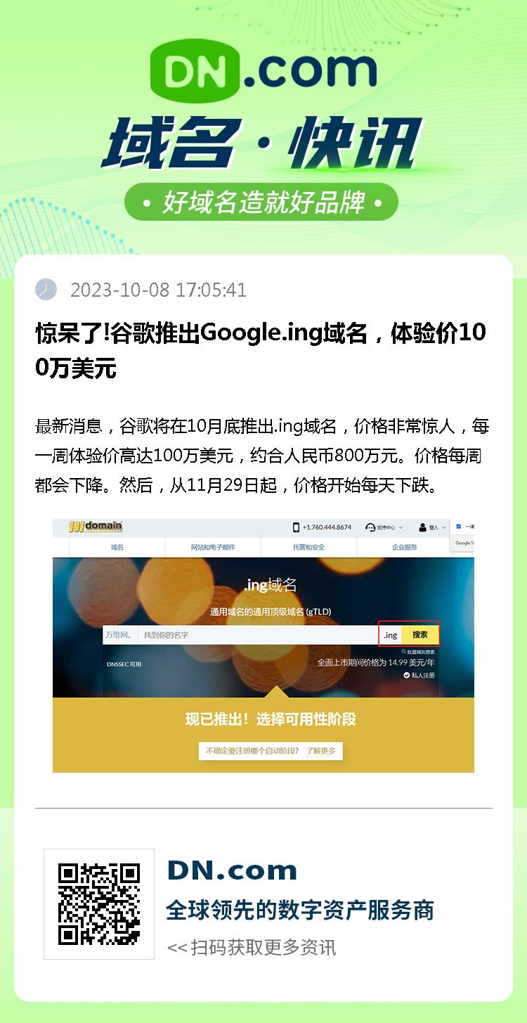 惊呆了!谷歌推出Google.ing域名，体验价100万美元