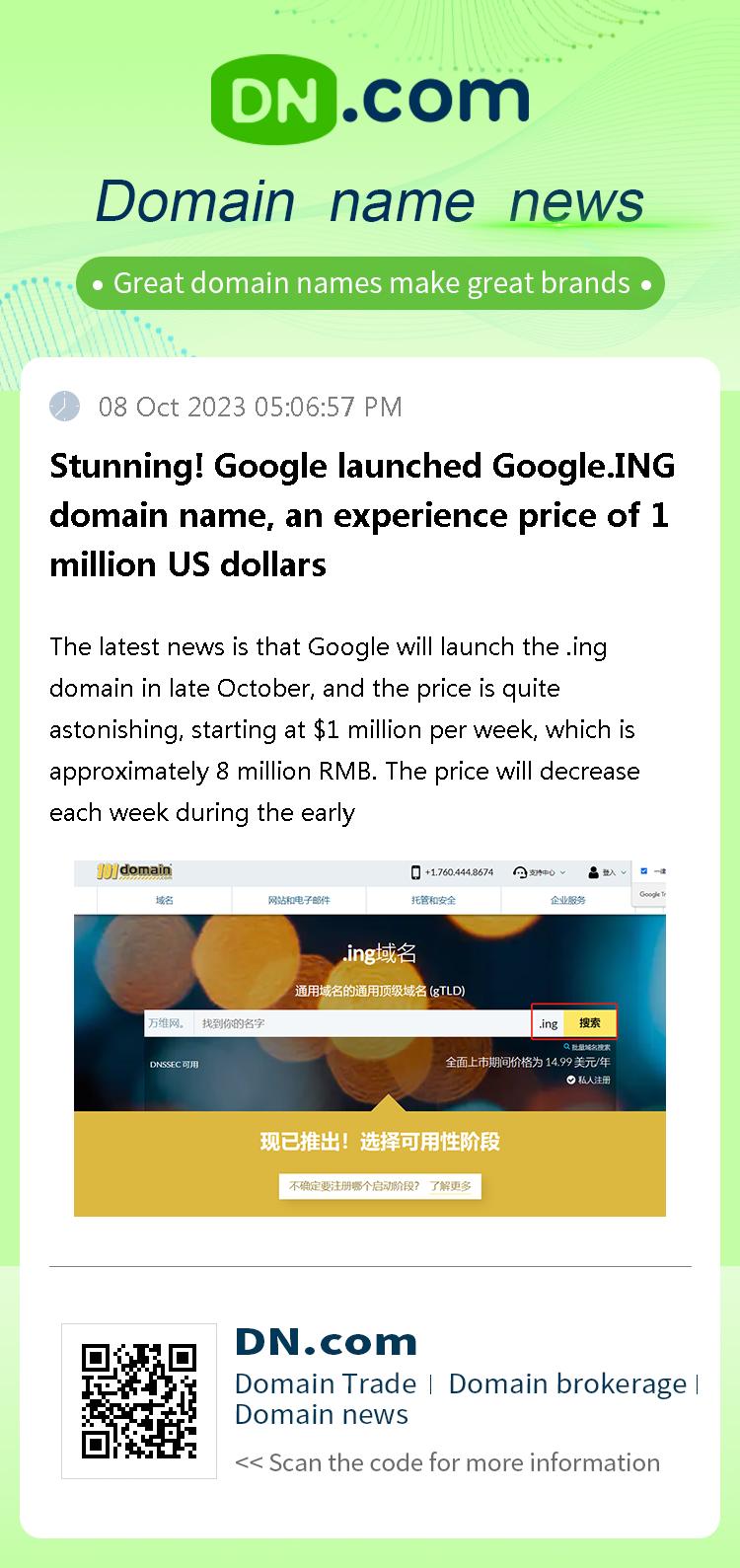 Stunning! Google launched Google.ING domain name, an experience price of 1 million US dollars