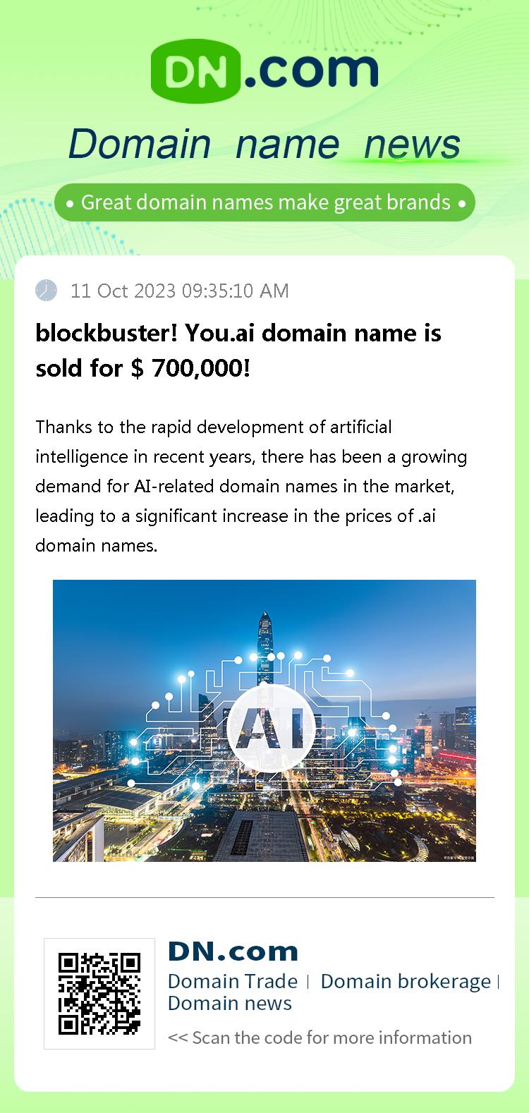 blockbuster! You.ai domain name is sold for $ 700,000!