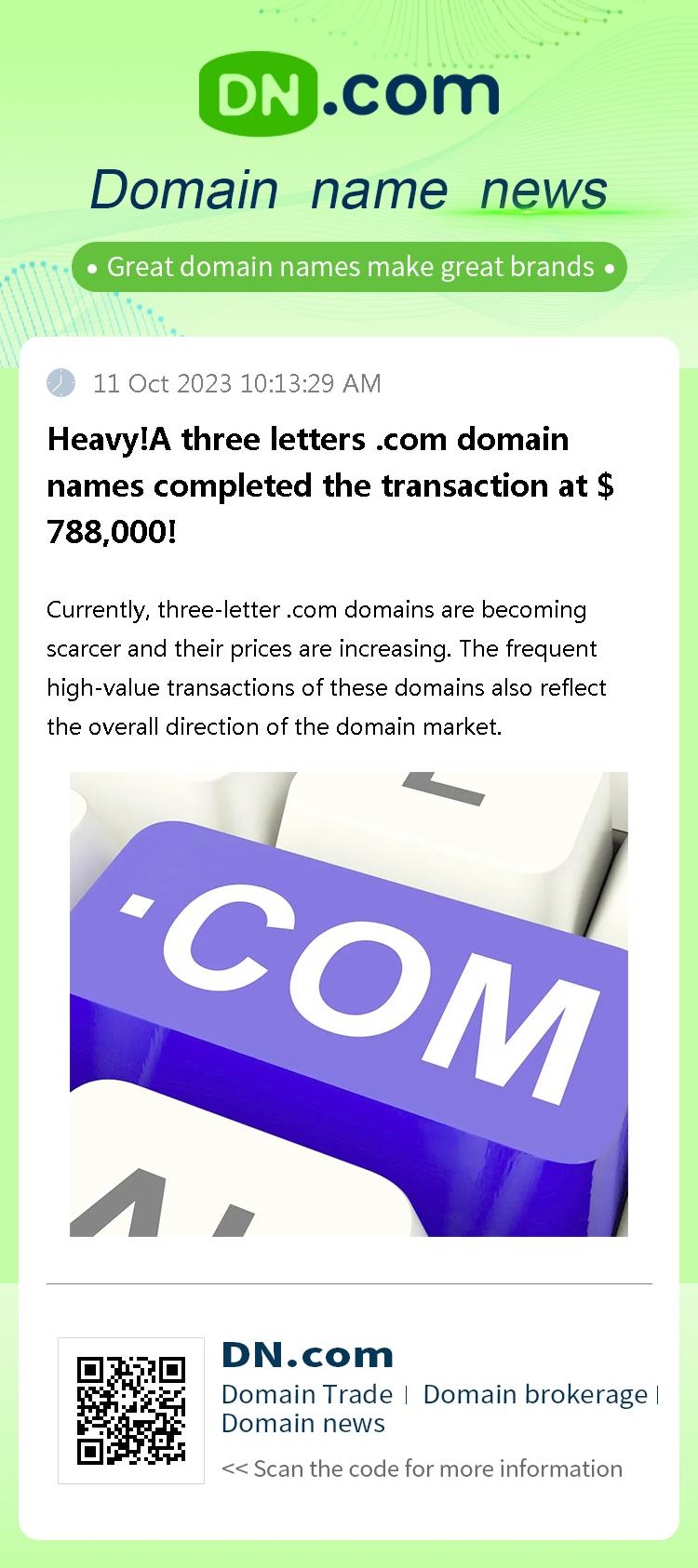 Heavy!A three letters .com domain names completed the transaction at $ 788,000!