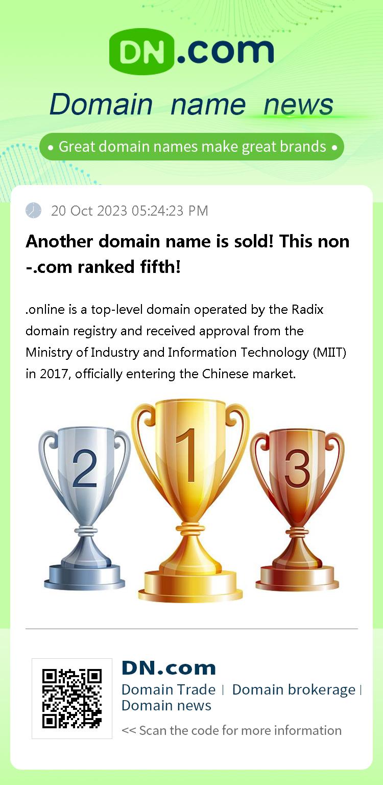 Another domain name is sold! This non -.com ranked fifth!