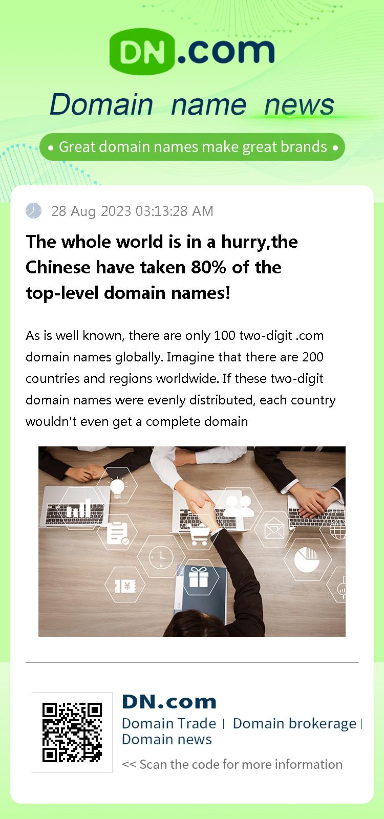 The whole world is in a hurry,the Chinese have taken 80% of the top-level domain names!