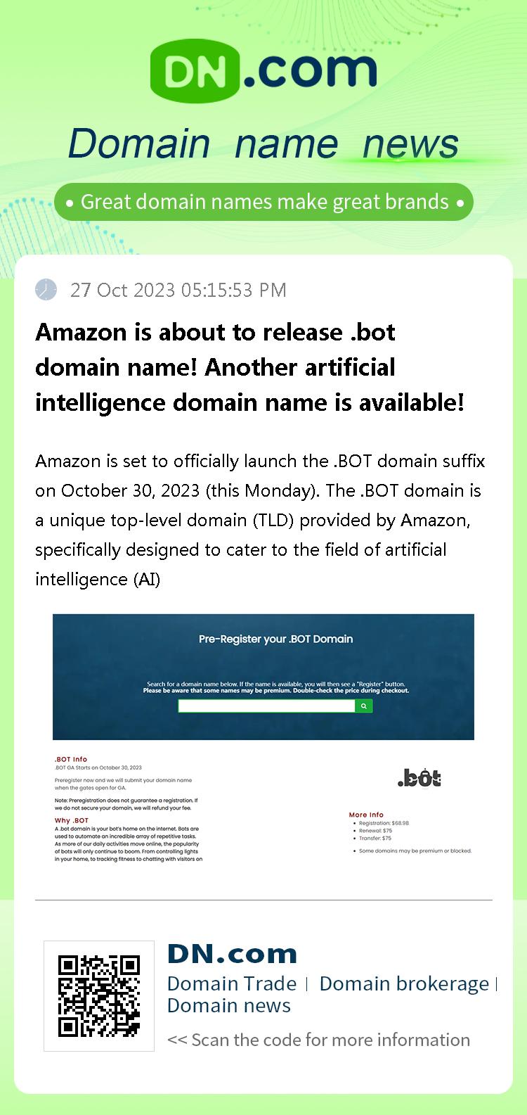 Amazon is about to release .bot domain name! Another artificial intelligence domain name is available!