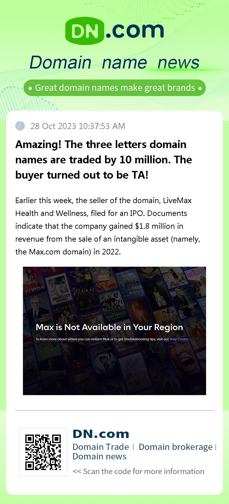 Amazing! The three letters domain names are traded by 10 million. The buyer turned out to be TA!