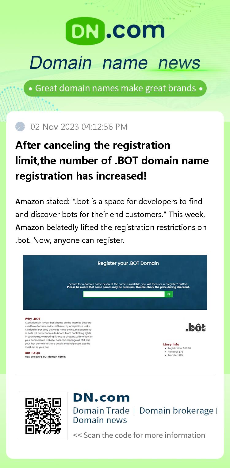 After canceling the registration limit,the number of .BOT domain name registration has increased!