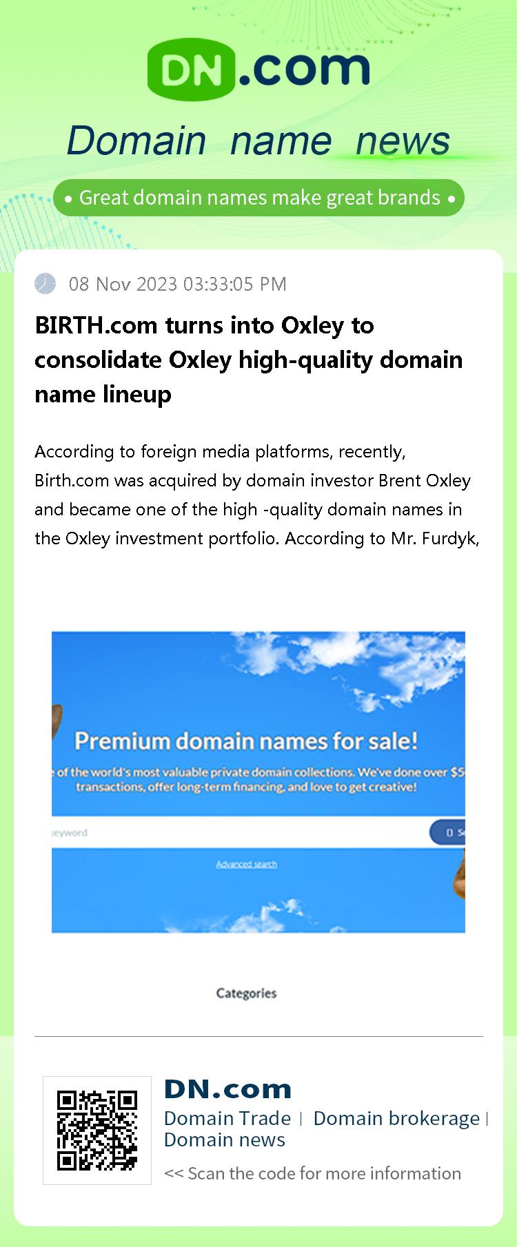 BIRTH.com turns into Oxley to consolidate Oxley high-quality domain name lineup