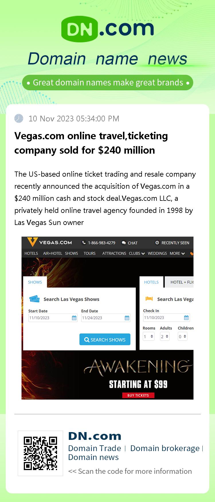 Vegas.com online travel,ticketing company sold for $240 million