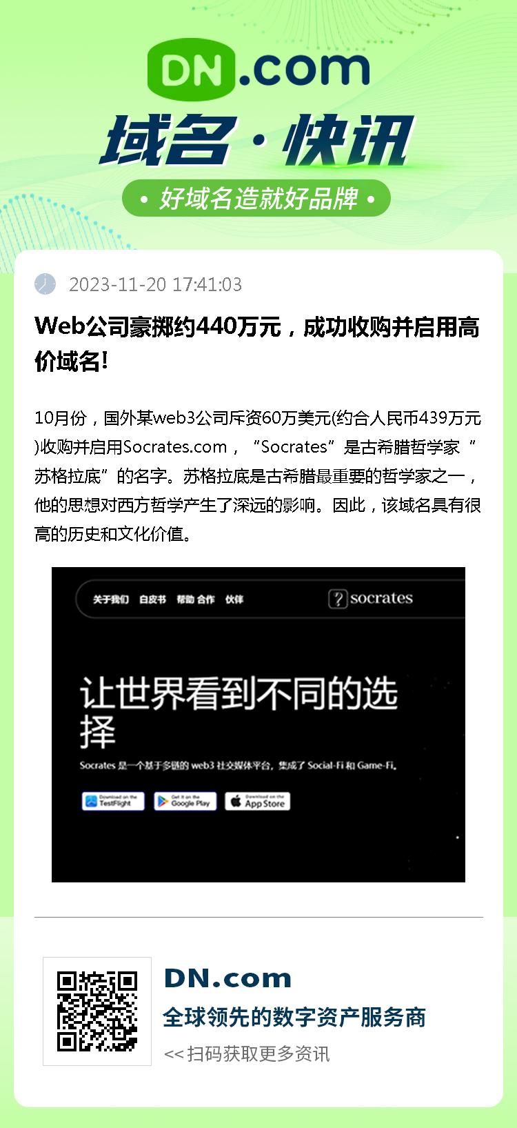 Web公司豪掷约440万元，成功收购并启用高价域名!