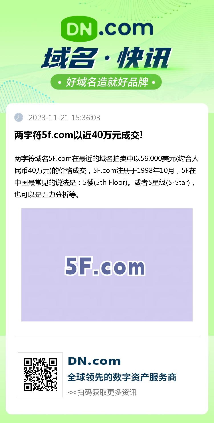 两字符5f.com以近40万元成交!