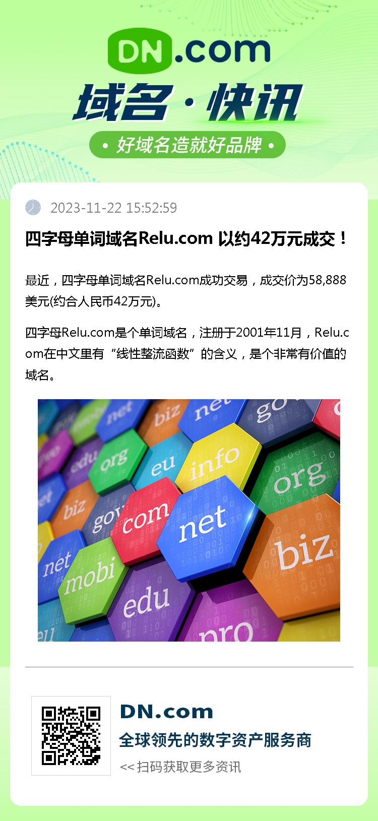 四字母单词域名Relu.com 以约42万元成交！