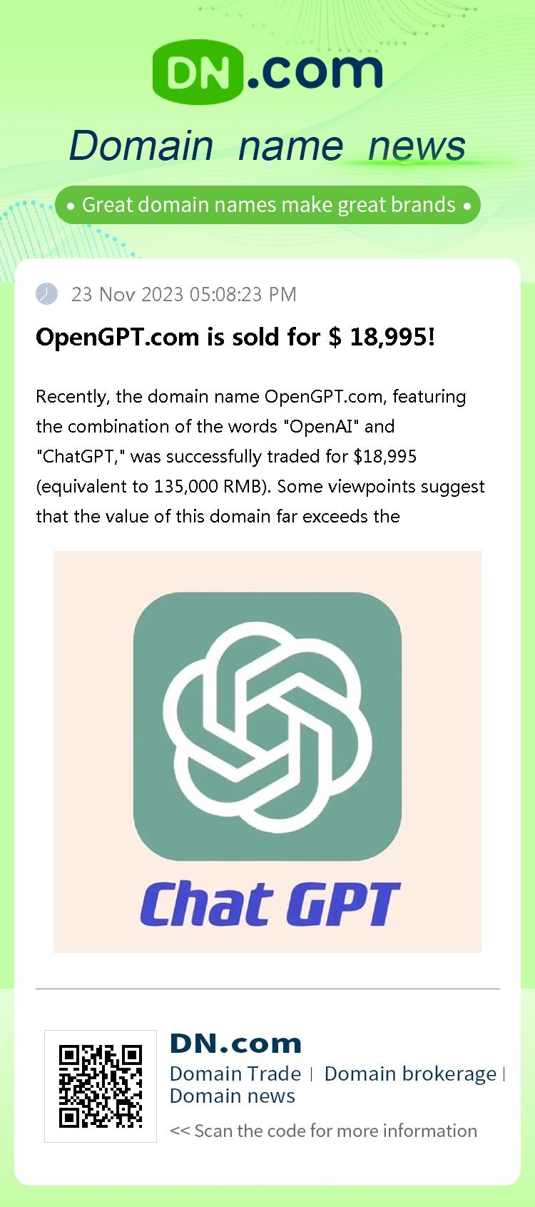 OpenGPT.com is sold for $ 18,995!