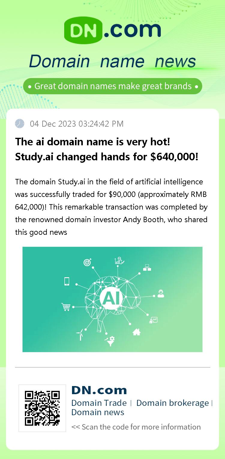 The ai domain name is very hot! Study.ai changed hands for $640,000!