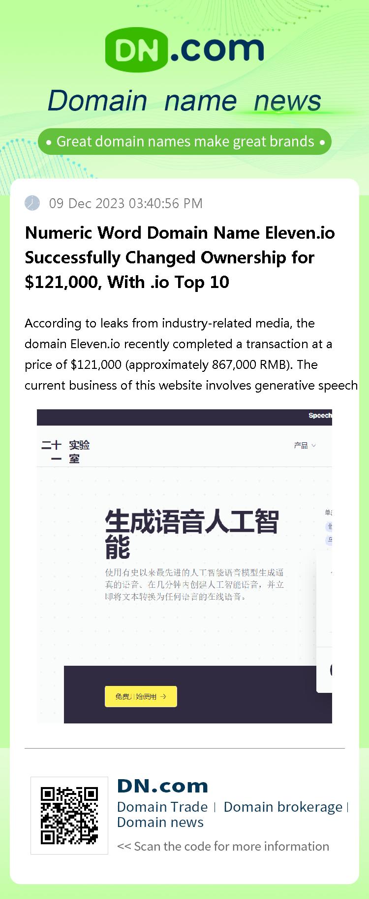 Numeric Word Domain Name Eleven.io Successfully Changed Ownership for $121,000, With .io Top 10