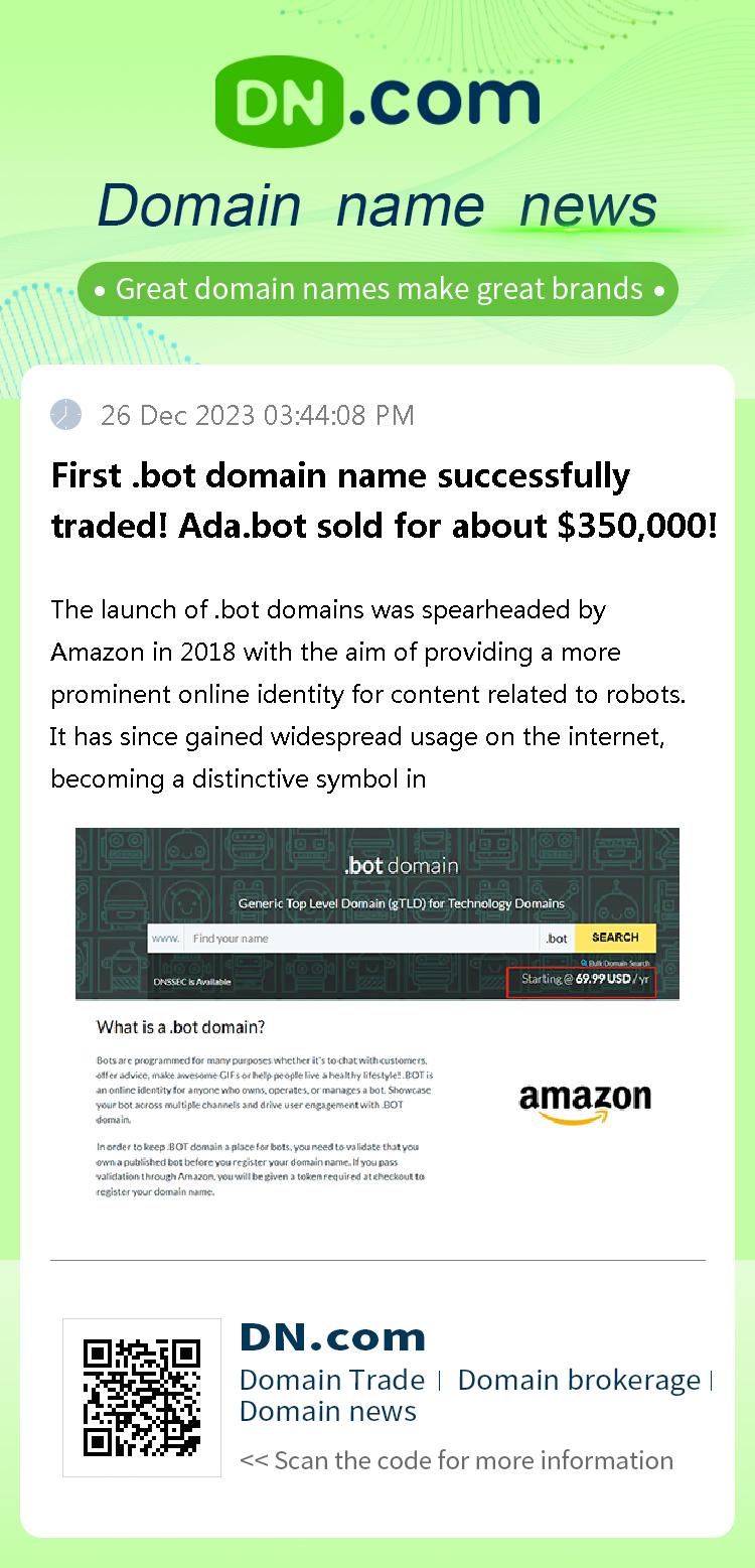 First .bot domain name successfully traded! Ada.bot sold for about $350,000!