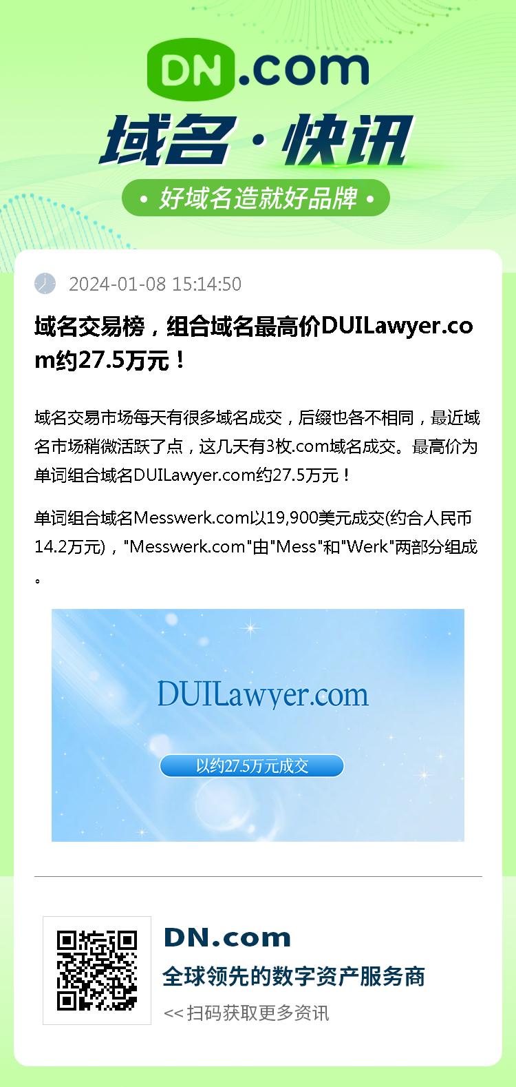 域名交易榜，组合域名最高价DUILawyer.com约27.5万元！