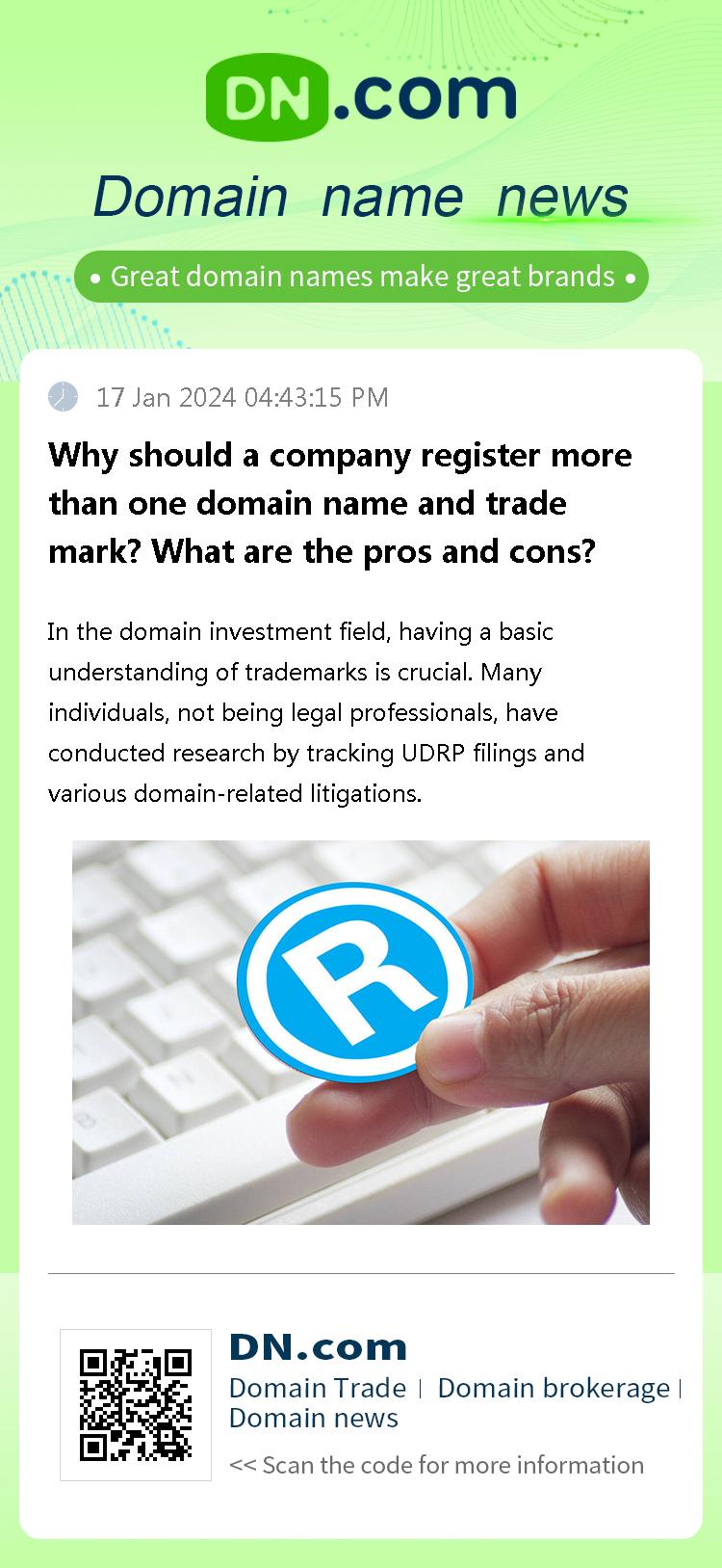 Why should a company register more than one domain name and trade mark? What are the pros and cons?
