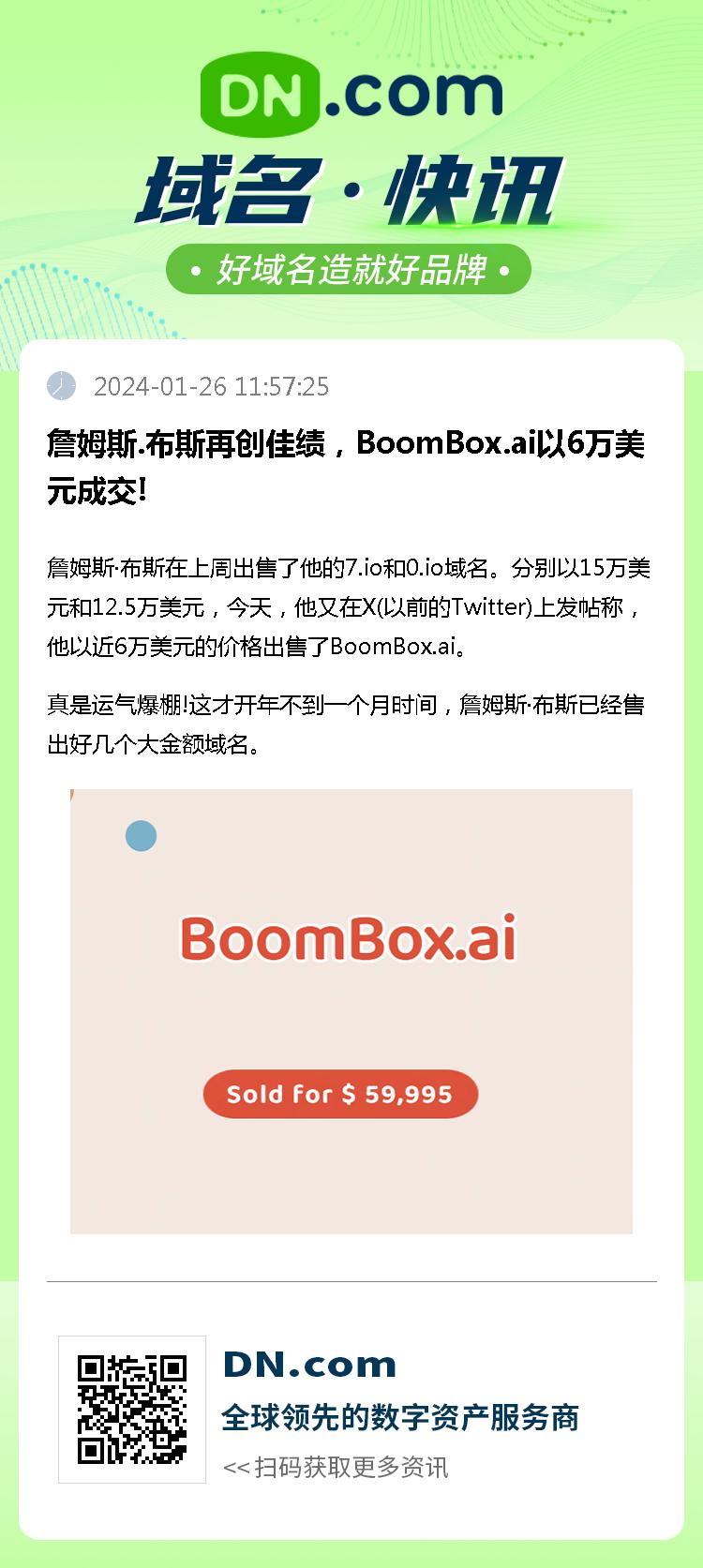 詹姆斯.布斯再创佳绩，BoomBox.ai以6万美元成交!