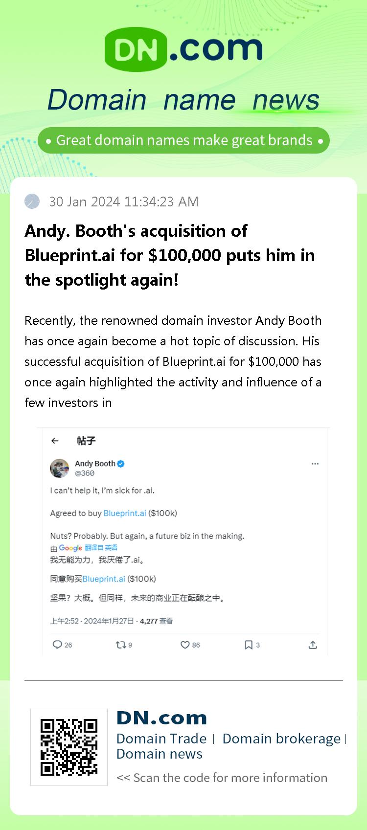 Andy. Booth's acquisition of Blueprint.ai for $100,000 puts him in the spotlight again!