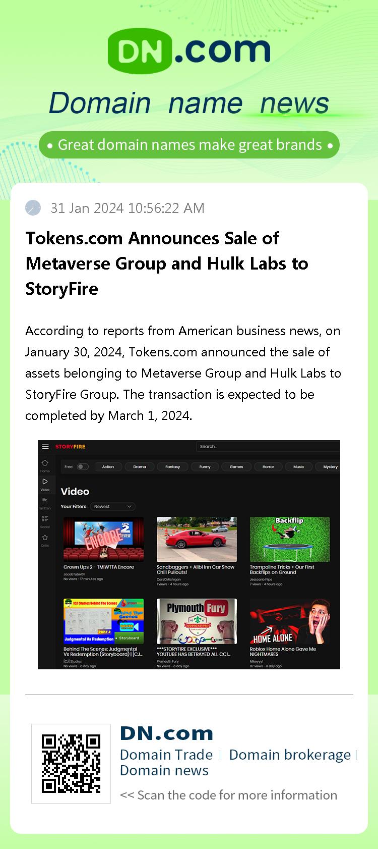 Tokens.com Announces Sale of Metaverse Group and Hulk Labs to StoryFire