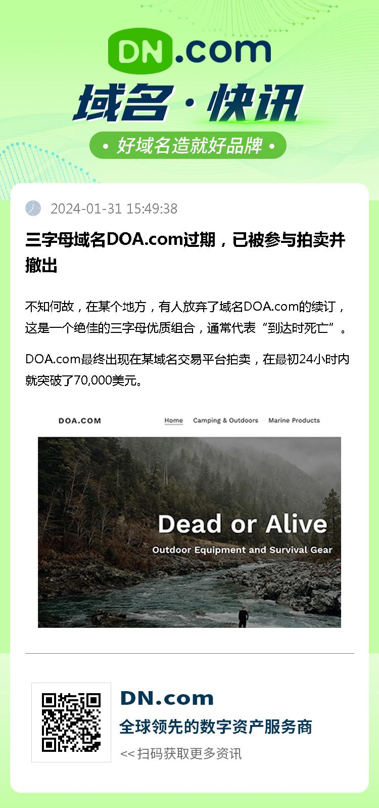 三字母域名DOA.com过期，已被参与拍卖并撤出