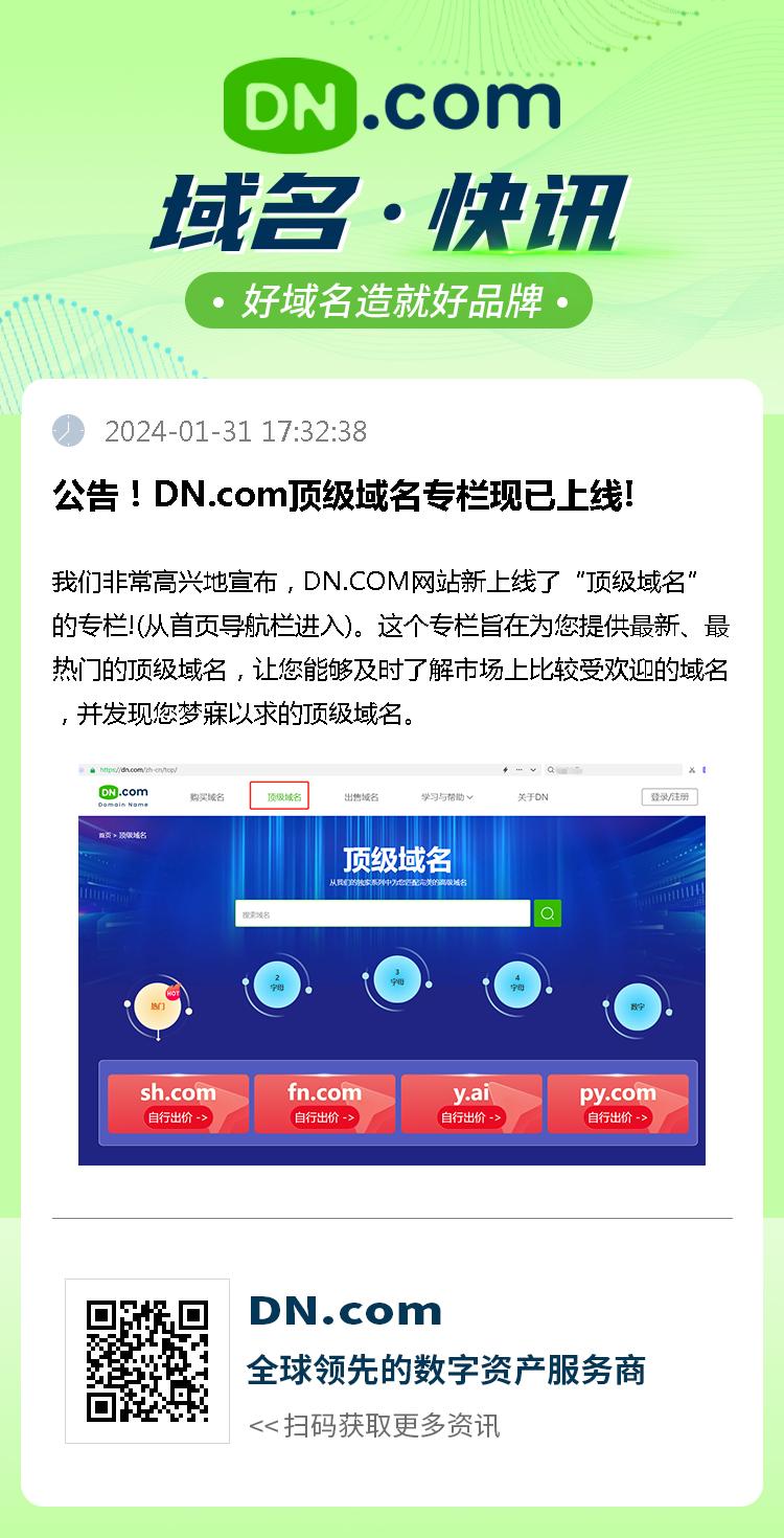 公告！DN.com顶级域名专栏现已上线!