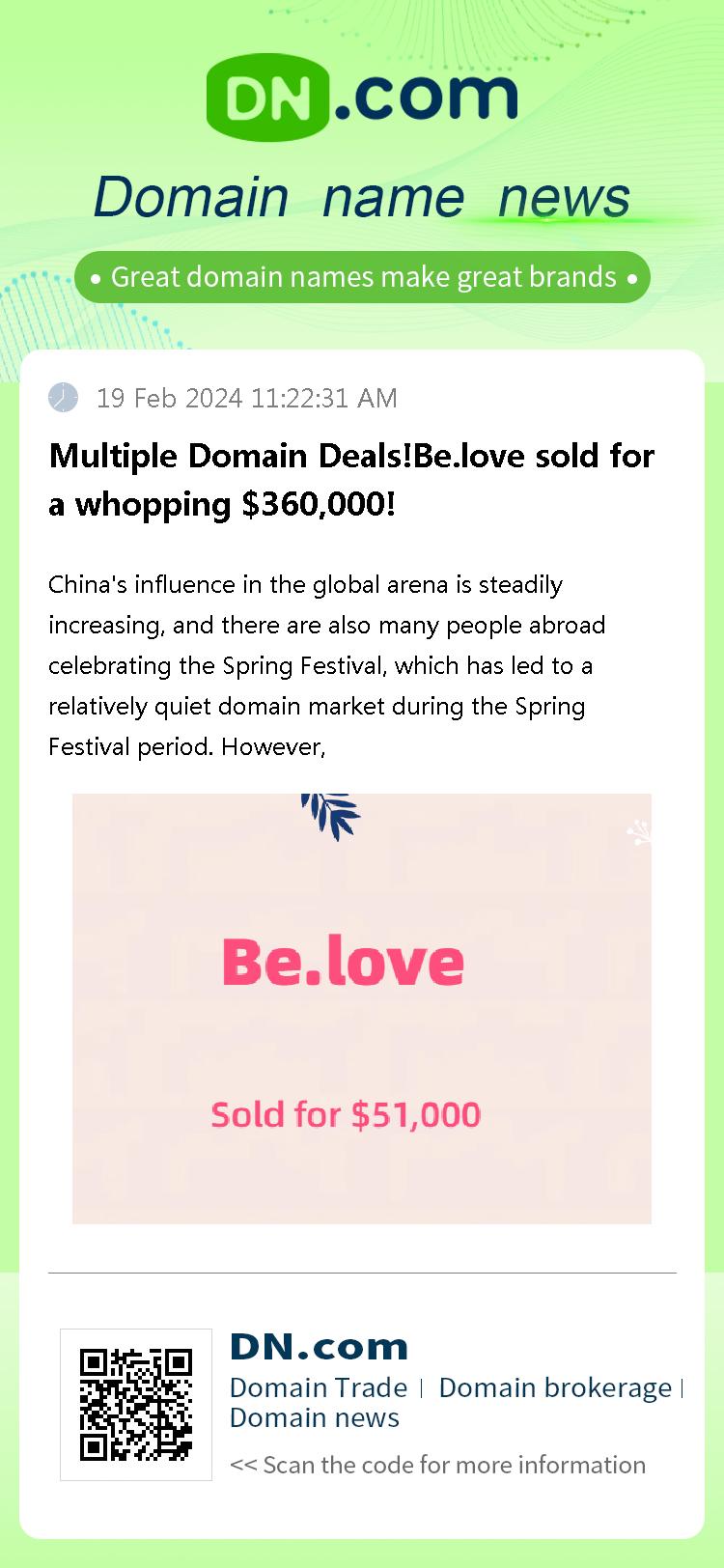 Multiple Domain Deals!Be.love sold for a whopping $360,000!