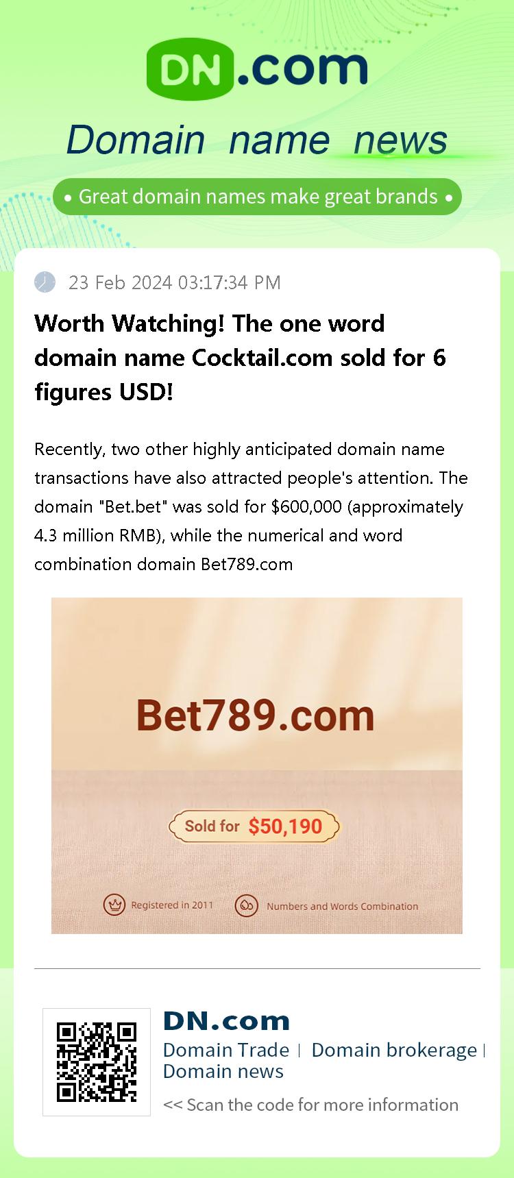 Worth Watching! The one word domain name Cocktail.com sold for 6 figures USD!