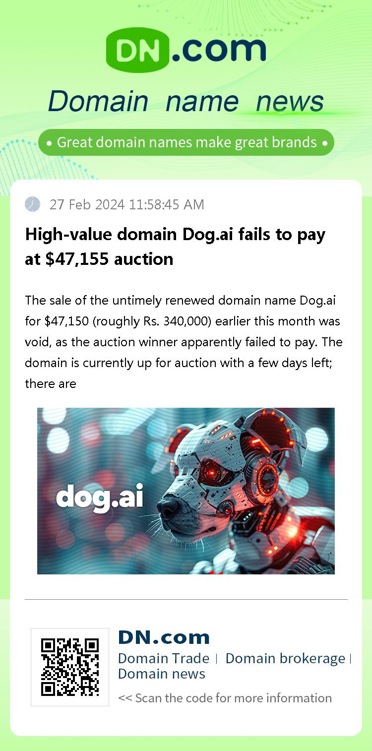 High-value domain Dog.ai fails to pay at $47,155 auction