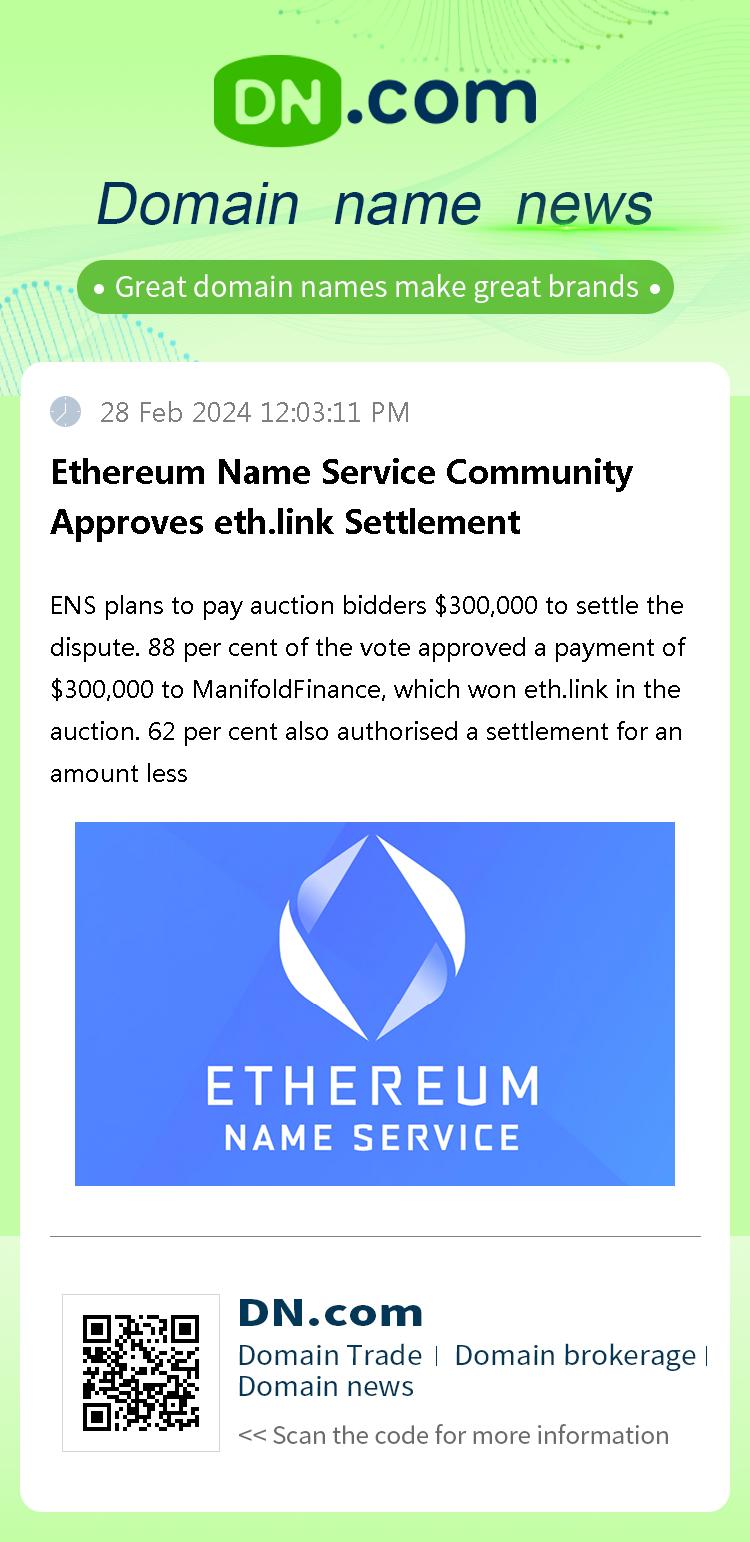 Ethereum Name Service Community Approves eth.link Settlement