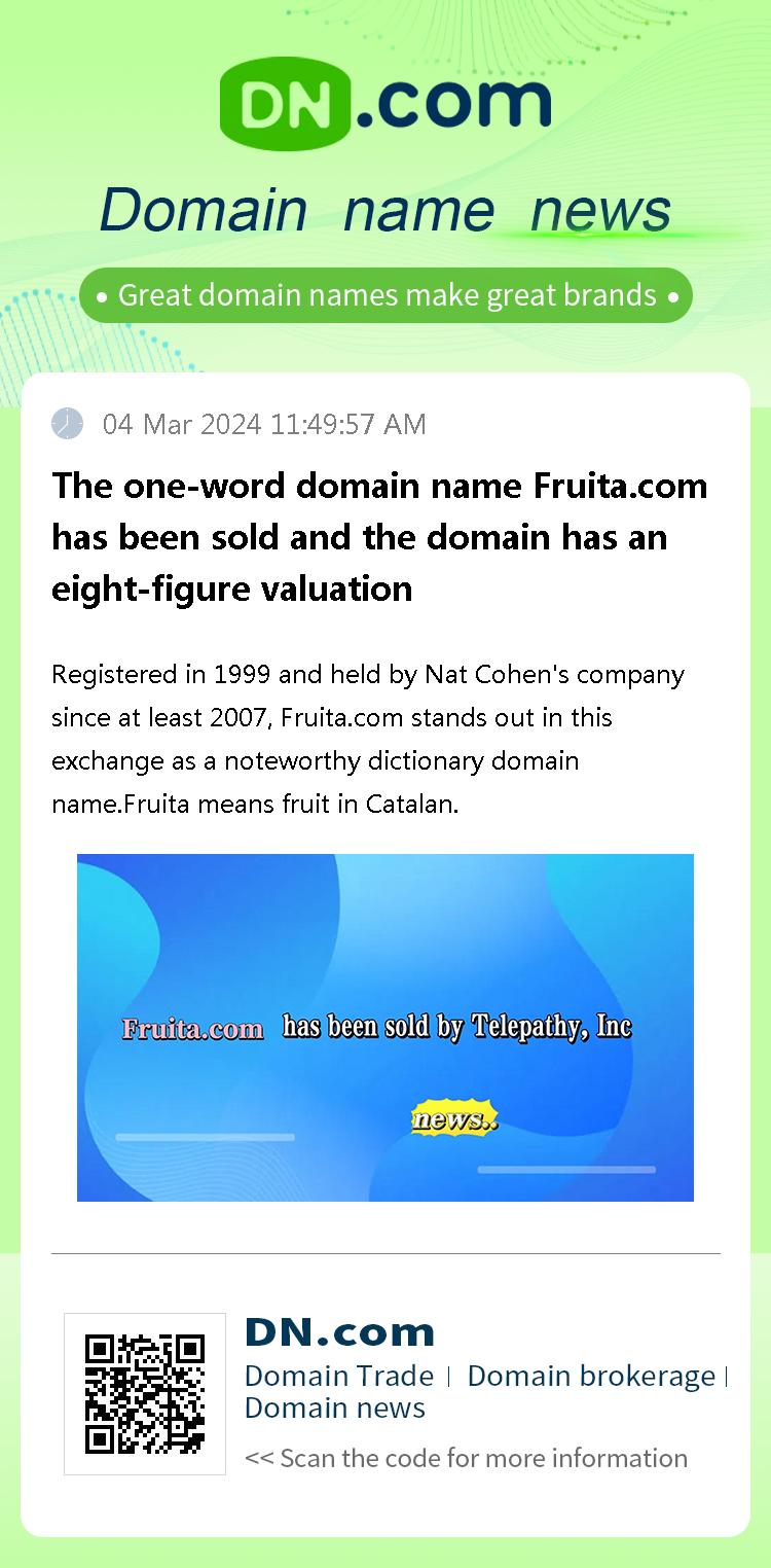 The one-word domain name Fruita.com has been sold and the domain has an eight-figure valuation