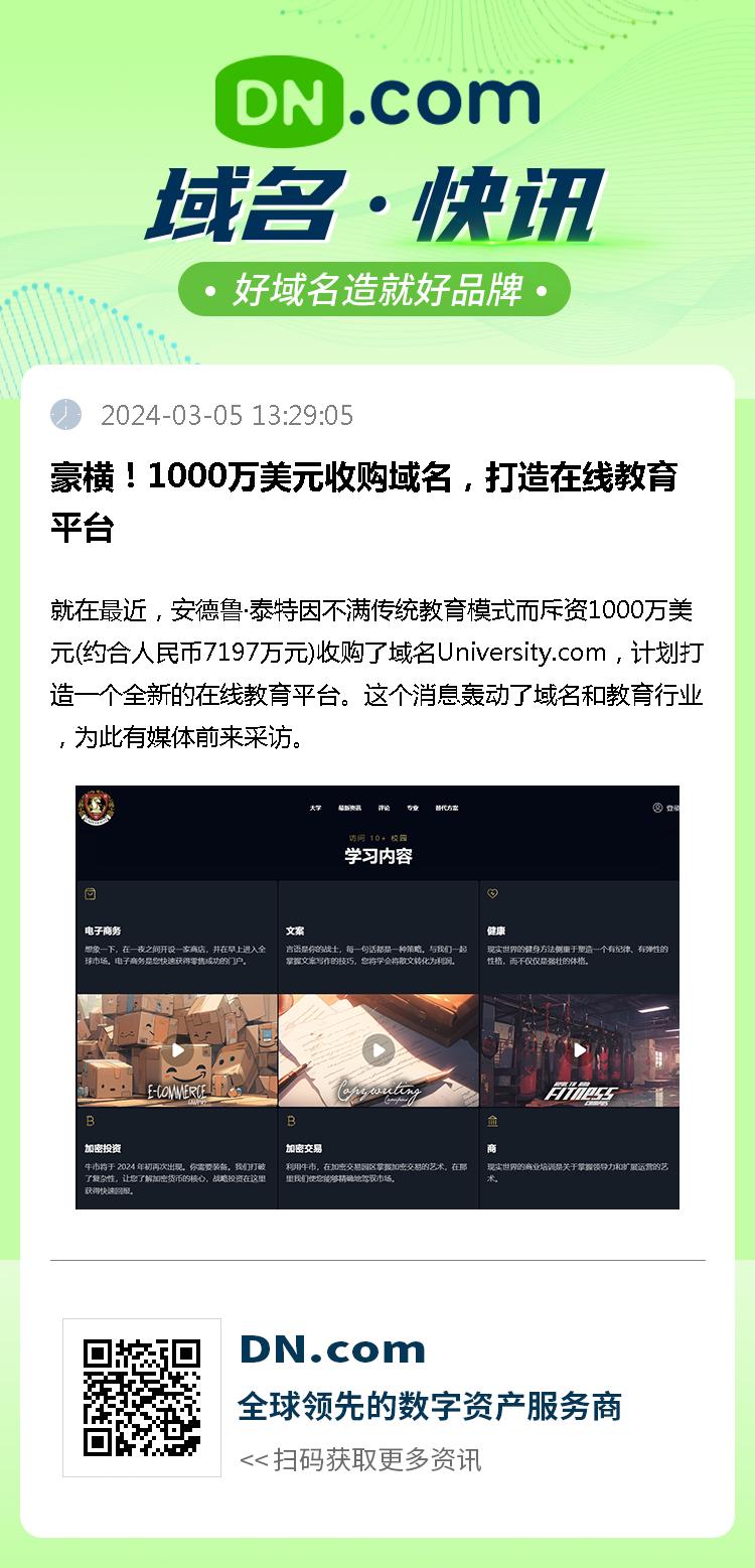 豪横！1000万美元收购域名，打造在线教育平台