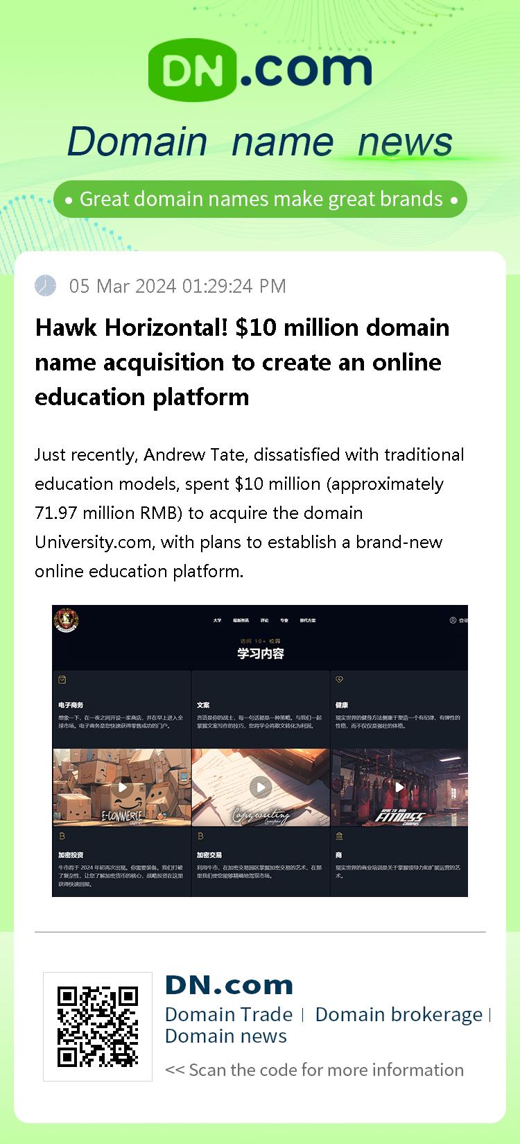 Hawk Horizontal! $10 million domain name acquisition to create an online education platform