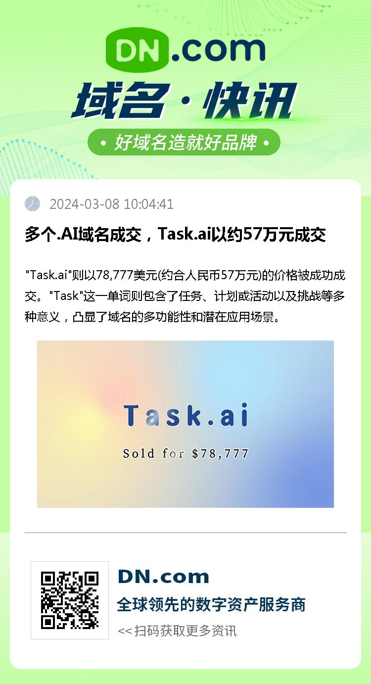 多个.AI域名成交，Task.ai以约57万元成交