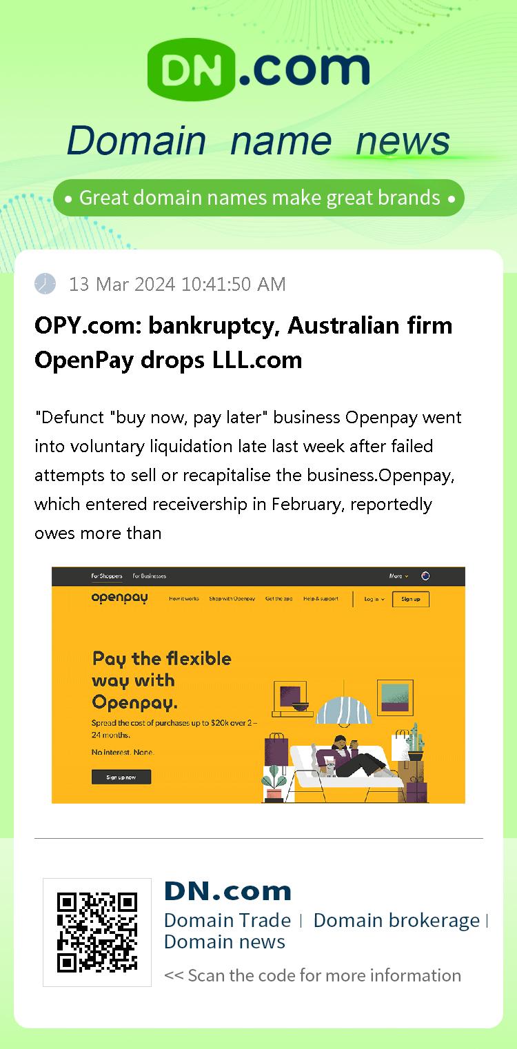 OPY.com: bankruptcy, Australian firm OpenPay drops LLL.com