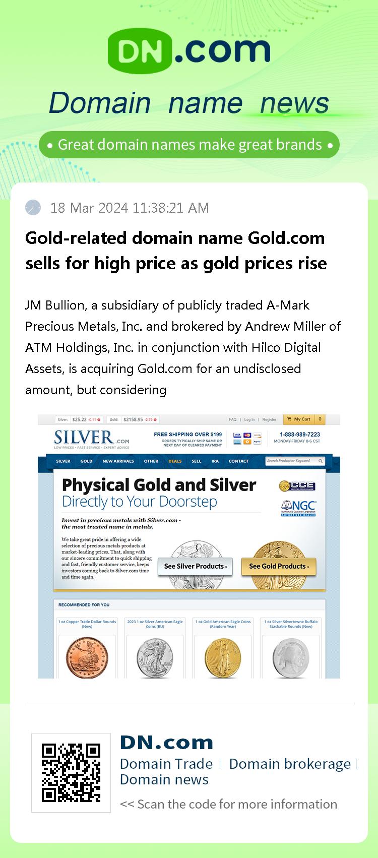 Gold-related domain name Gold.com sells for high price as gold prices rise