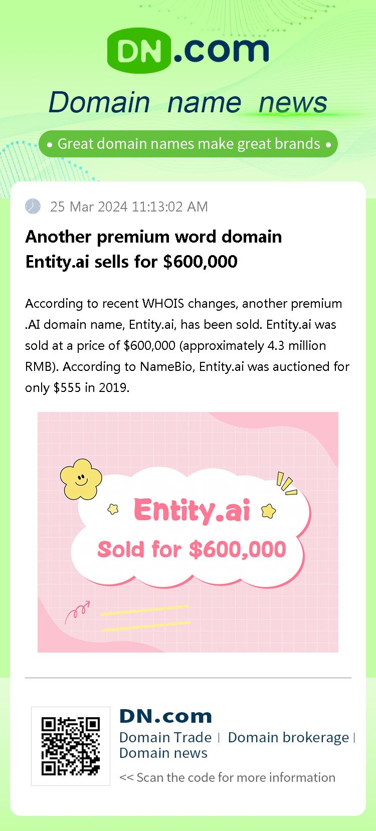 Another premium word domain Entity.ai sells for $600,000