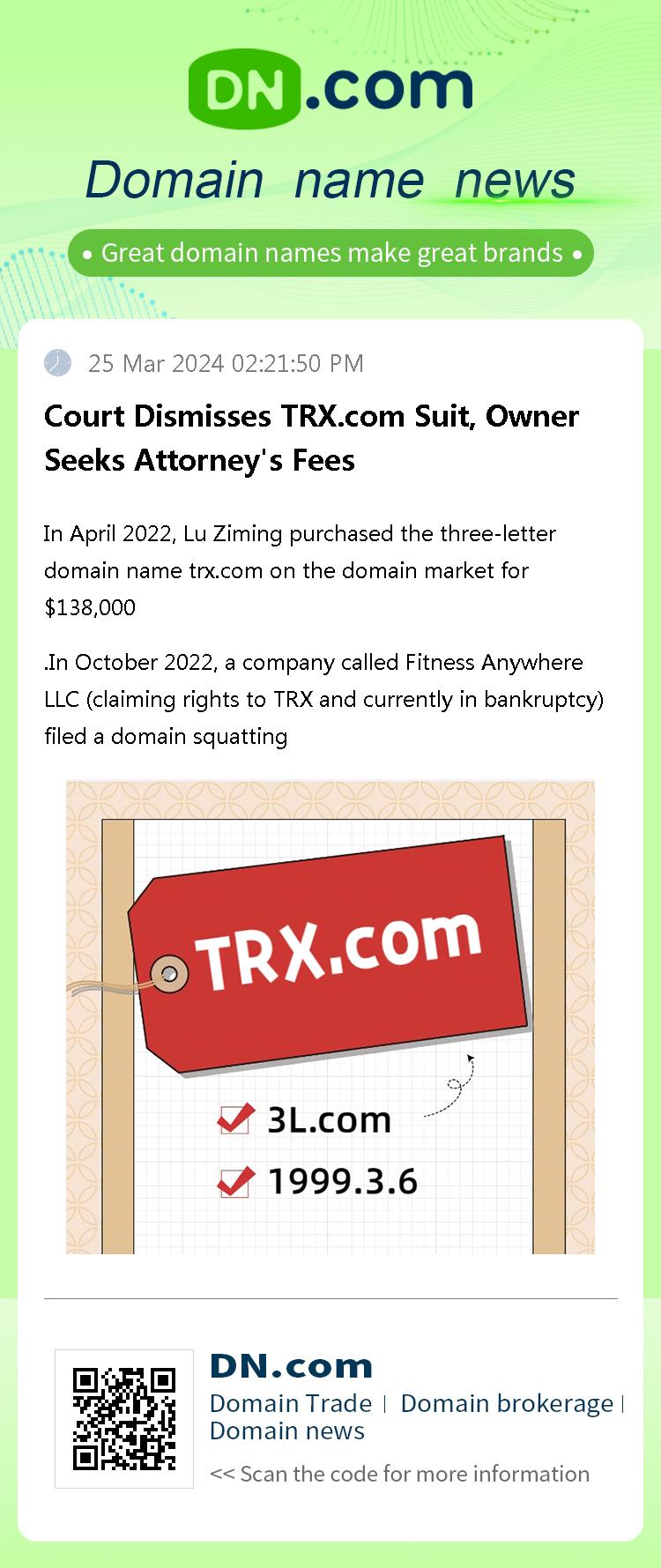 Court Dismisses TRX.com Suit, Owner Seeks Attorney's Fees