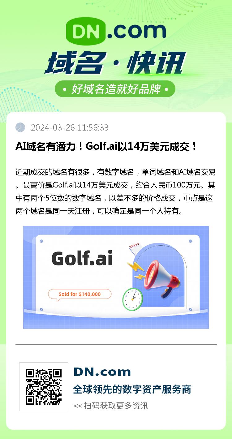 AI域名有潜力！Golf.ai以14万美元成交！