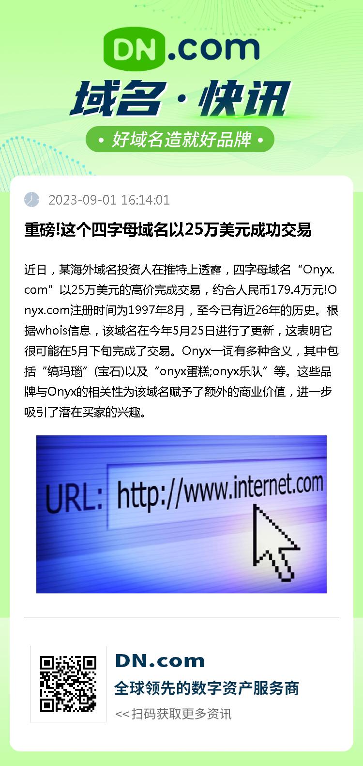 重磅!这个四字母域名以25万美元成功交易