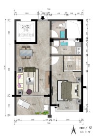 2#05户型 1室2厅1卫2阳台 69.81m²