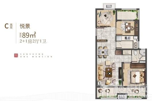 三盛·璞悦湾高层C户型89㎡ 2室2厅1卫1厨