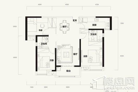 福星·龙庭尚府E户型 3室2厅2卫1厨