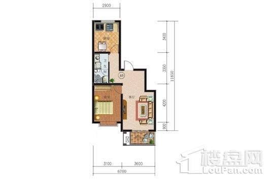 御锦园A3户型 1室2厅1卫1厨