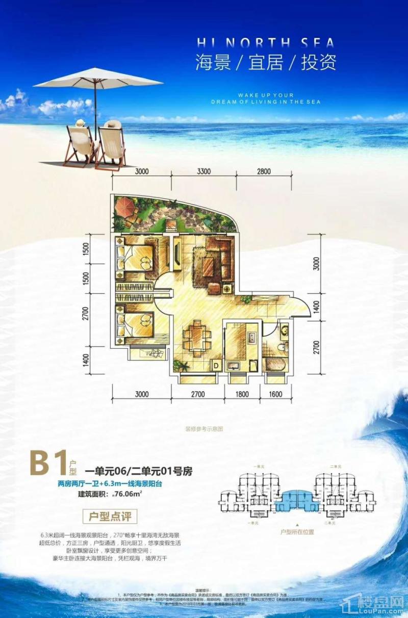 2# B1户型一单元06、二单元01号 两房两厅一卫+6.3米一线海景阳台 76.06㎡