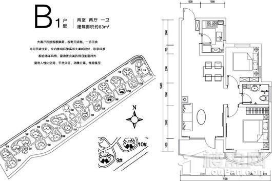 融创·果岭海岸9#10#B1户型 2室2厅1卫1厨