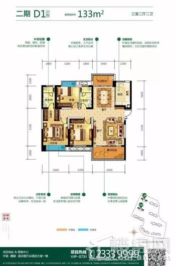 金东陶子湖二期D1户型 3室2厅2卫1厨